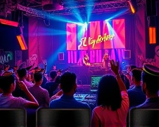 booming Indian DJ party, electrifying, commanding the stage, photorealistic, at an underground rave with graffiti walls and neon crowd accessories, highly detailed, thumping bass speakers, ultra-wide capture, fluorescent colors, club lighting, shot with a 14mm lens.