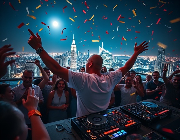 energetic party DJ, exhilarated, hyping up the crowd, photorealistic, rooftop party with city skyline in view, highly detailed, confetti falling, high resolution, bright, moonlit night setting, shot with a 24mm lens