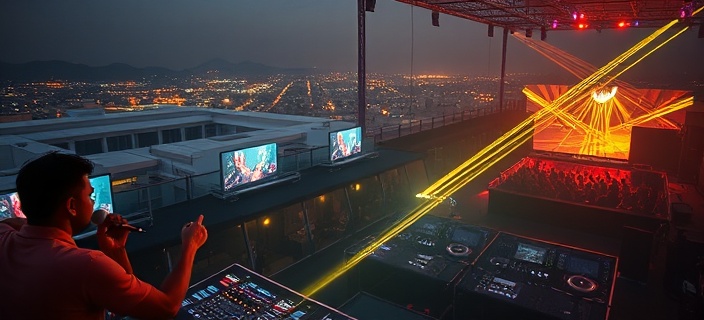 intense Indian DJ event, thrilling, orchestrating rhythms, photorealistic, at a rooftop gathering with panoramic views and laser shows, highly detailed, visual animations on screens, deep focus, cool tones, natural moonlight, shot with a zoom lens.