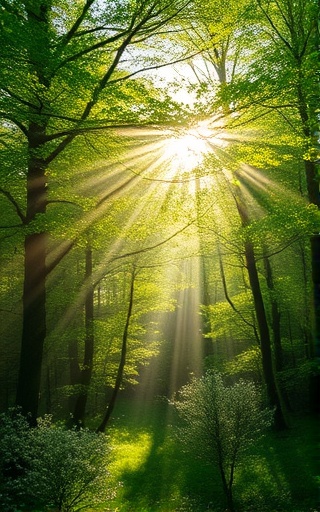 forest in spring, serene, blooming, photorealistic, dense foliage intercut with rays of sun piercing through, highly detailed, light mist in the air creates ethereal beams, high definition clarity, greens and pastels, naturally dappled lighting, shot with a tilt-shift lens.