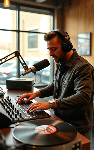 upbeat professional DJ, immersed, operating mixer, photorealistic, modern radio station studio with glass windows, highly detailed, spinning vinyl records, full HD quality, earthy tones, natural light filtering, shot with an 85mm lens.