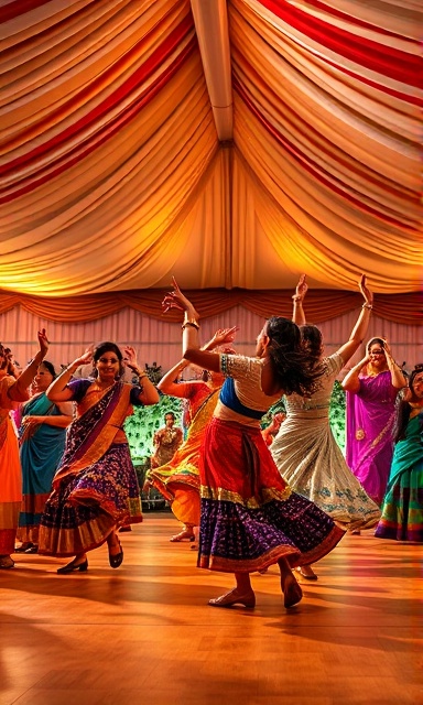 joyful Sangeet dancefloor, spirited, performing traditional dances, photorealistic, under a grand marquee with elegant drapery, highly detailed, energetic movements caught mid-air, colorful patterns, vibrant stage lighting, shot with a 35mm lens.