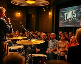 captivating band performance, drummer in action, hitting cymbals, photorealistic, intimate venue with retro ambiance, highly detailed, audience in close proximity, 16k resolution, sepia tone, soft spotlight, shot with a macro lens.