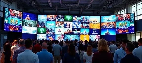 immersive video wall, creative setup, synchronizing multiple feeds, photorealistic, placed in an exhibition hall filled with attendees, highly detailed, animations and graphics, seamless screens, diverse color palette, natural window light, shot with a prime lens