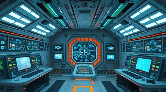 space station interior, futuristic, advanced operations, photorealistic, expansive engineering bay with multi-layer control panels, highly detailed, interactive holograms emitting gentle glows, low-light for contrast clarity, cool blues and greens, LED strip lighting, shot with an ultra-wide lens.