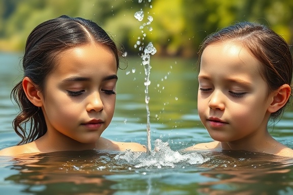 peaceful religious baptisms, serene faces, sprinkling water, photorealistic, riverside with lush greenery, highly detailed, gentle water ripples, f/1.8, soft pastel colors, natural sunlight, shot with a 35mm lens.
