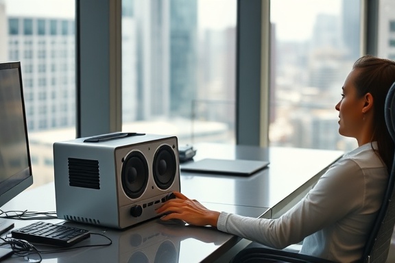 compact sound equipment, relaxed office worker, emitting soothing tunes, photorealistic, sleek workspace with a city view, highly detailed, gentle sound ripples, f/1.4, silver and grey, soft daylight, shot with a Sigma 30mm lens