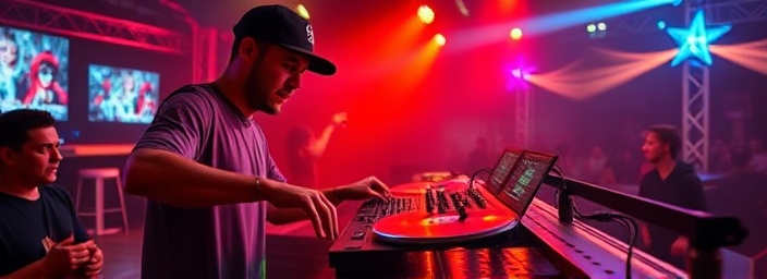 charismatic music DJ, concentrated, spinning vinyl records, photorealistic, crowded club with neon lights, highly detailed, fog machine effects, ultra HD, vibrant hues, dynamic dynamic lighting with strobes, shot with an 85mm lens