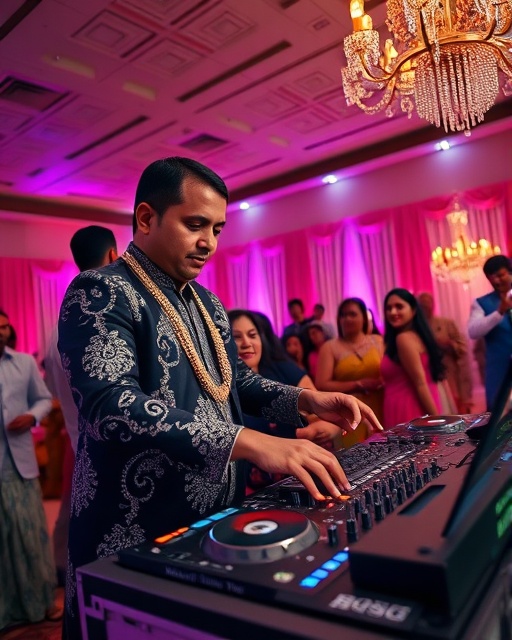 traditional Indian DJ, enthusiastic, mixing tracks, photorealistic, inside a beautifully decorated Indian wedding venue, highly detailed, swirling patterns and sparkling attire, crisp image quality, rich and vivid colors, softly diffused lighting, shot with a wide-angle lens.
