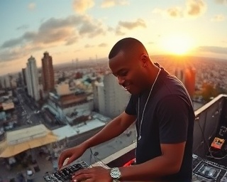 charismatic DJ Jogy, gleeful, adjusting levels, photorealistic, urban rooftop party, highly detailed, cityscape in view, immaculate clarity, bold, sunset glow, shot with a fisheye lens