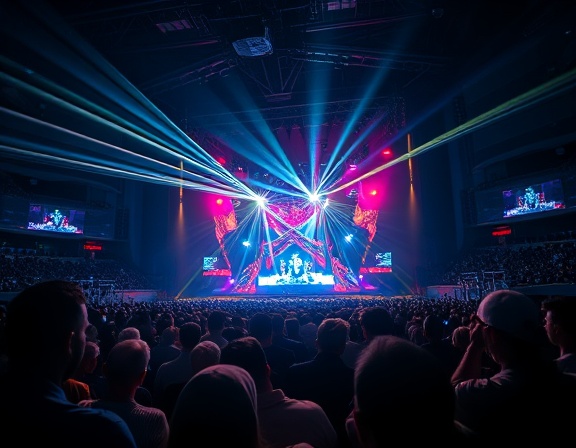 captivating lighting event, audience enchanted, gazing intently, photorealistic, modern concert hall with dynamic stage design, highly detailed, laser beams and holograms, crisp focus, neon hues, dim ambient light, shot with a prime lens.