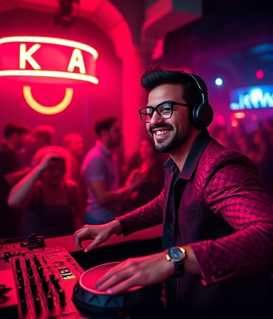 stylish party DJ, smiling, adjusting headphones, photorealistic, intimate nightclub setting with neon lights, highly detailed, swirling crowd in motion, razor-sharp focus, vibrant colors, low-key lighting, shot with a 24mm wide-angle lens.