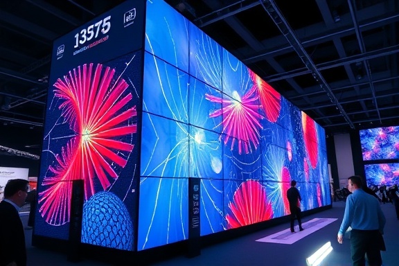 expansive video wall, experimental installation, presenting interactive media, photorealistic, within a tech expo with various booths, highly detailed, touch-responsive panels, ultra HD clarity, dynamic hues, indirect LED lighting, shot with a telephoto lens