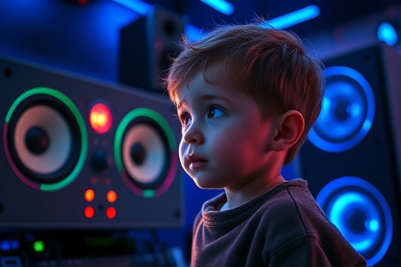 futuristic speaker setup, curious child, pulsing sound colors, photorealistic, sci-fi themed room with holograms, highly detailed, shimmering holographic visuals, ISO 800, electric blue, dynamic LED lighting, shot with a Sony 85mm lens