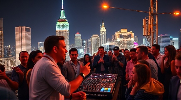 vibrant event DJ, excited, engaging with audience, photorealistic, bustling urban rooftop party under the stars, highly detailed, cityscape in the backdrop, high-definition clarity, colorful attire, vibrant city lights, shot with a 16mm ultra-wide lens.