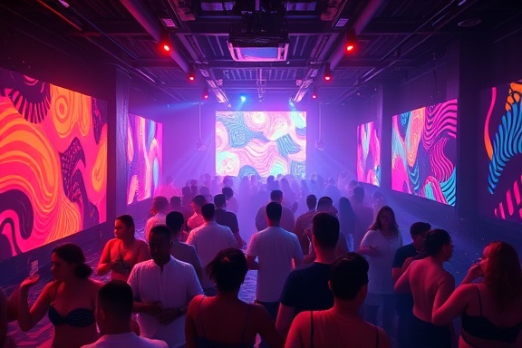 vibrant club atmosphere, people enjoying, dancing energetically, photorealistic, urban club with abstract art installations, highly detailed, light show with dynamic patterns, 6k resolution, deep shadows, strobe lighting, shot with a 35mm lens.