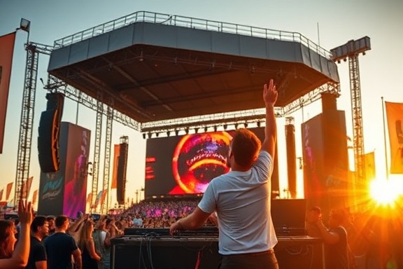lively festival DJ, spirited, interacting with the audience, photorealistic, large outdoor festival stage with massive speakers, highly detailed, flags waving in the background, ultra-clear, vibrant color palette, golden hour lighting, shot with a 28mm lens