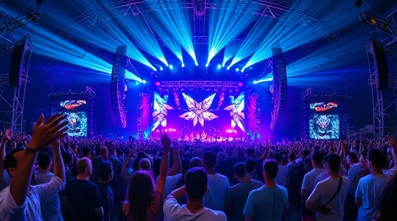 electric music festival, participants ecstatic, jumping to the beat, photorealistic, expansive open-air stage setup, highly detailed, dynamic projection displays, ultra-clear visuals, electric blue and purple, vibrant strobe lights, shot with a fish-eye lens.