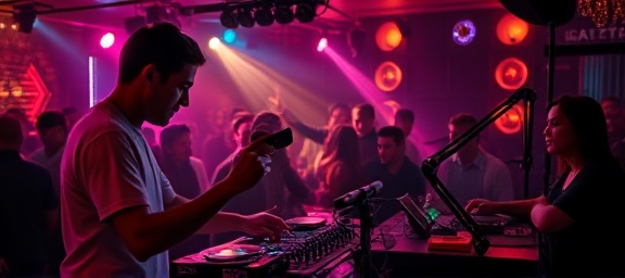focused party DJ, thrilled, selecting tracks, photorealistic, trendy bar environment with a lively crowd, highly detailed, flashing lights creating dynamic shadows, pristine imagery, pastel colors, dim lounge lighting, shot with a 58mm lens.