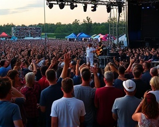 enthusiastic live music, band interacting with audience, playing instruments, photorealistic, outdoor festival with a large crowd, highly detailed, fans waving their hands in the air, 10k resolution, bright hues, evening ambient light, shot with a zoom lens.