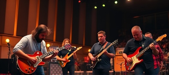 intense band performance, musicians focused, strumming guitars, photorealistic, indoor concert hall with acoustic panels, highly detailed, band members interacting, 8k resolution, rich colors, warm stage lighting, shot with a wide-angle lens.