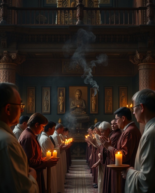 sacred religious ceremonies, reverent poses, worshipping, photorealistic, temple interior with intricate carvings, highly detailed, incense smoke swirling, ISO 200, muted earth tones, ambient candle lighting, shot with a 24mm lens.