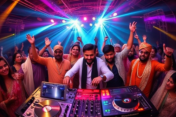 energetic Baraat DJs, thrilled, spinning records, photorealistic, surrounded by ecstatic wedding guests with traditional attire, highly detailed, dynamic light show, vivid colors, pulsating strobe lighting, shot with a fish-eye lens.