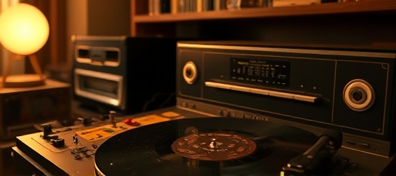 vintage audio system, nostalgic mood, spinning vinyl, photorealistic, retro-styled den with wooden shelves, highly detailed, dust particles in air, ISO 400, brown and gold, warm incandescence, shot with a Leica 50mm lens