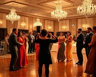 sparkling Indian DJ dance, celebratory, drawing everyone to the floor, photorealistic, in an elegant ballroom with hanging chandeliers and attendees in formal attire, highly detailed, dance floor reflections, portrait mode, gold and silver glitters, soft evening lights, shot with a prime lens.