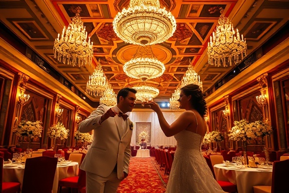 extravagant wedding reception, majestic, toasting together, photorealistic, in an opulent banquet hall with chandeliers, highly detailed, glamorous decor in motion, luxurious golds and reds, dramatic overhead lighting, shot with a prime lens.
