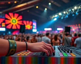 animated DJ Jogy, focused, mixing tracks, photorealistic, bustling festival ground, highly detailed, hands in motion, crisp details, vibrant, festival lights, shot with a wide-angle lens