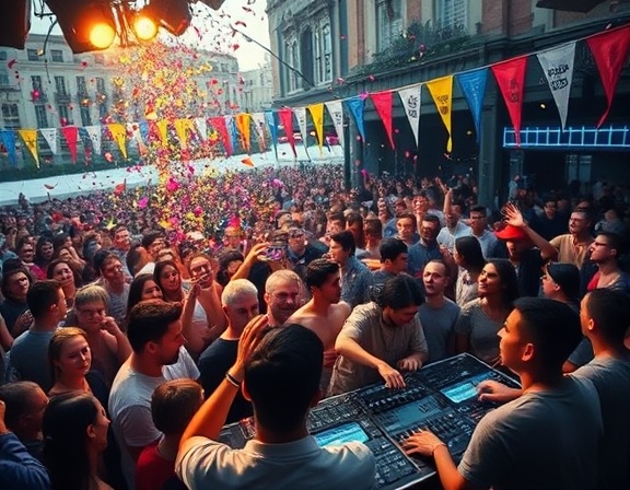 DJ music celebration, festive, turning up the beat, photorealistic, amidst a lively outdoor festival with diverse crowd, highly detailed, streaming confetti and colorful banners, exceptionally vivid, saturated hues, ambient lighting, shot with a telephoto lens.