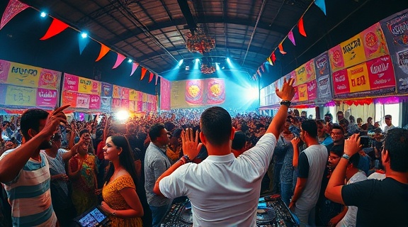 dynamic Indian DJ entertainment, enthusiastic, hyping the crowd, photorealistic, in an open-air festival with colorful banners and party-goers, highly detailed, strobe lights flashing, crisp focus, variety of hues, overhead lighting, shot with a fisheye lens.