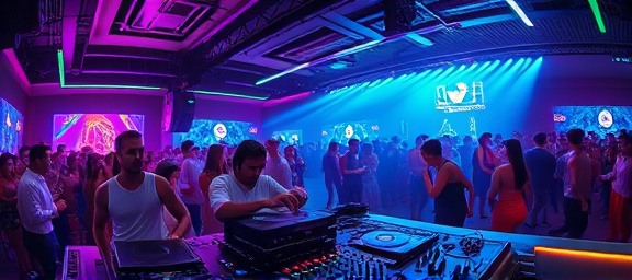 dynamic nightlife DJ, dj mixing tracks, creating beats, photorealistic, modern nightclub with futuristic décor, highly detailed, partygoers dancing to the rhythm, ultra-high-definition, neon colors, laser and LED effects, shot with a fisheye lens.