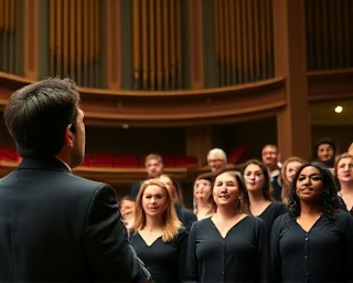 inspirational choir concert, choir members smiling, raising their voices, photorealistic, concert hall with grand architecture, highly detailed, conductor with expressive gestures, 4k resolution, muted colors, balanced stage illumination, shot with a 24mm lens.