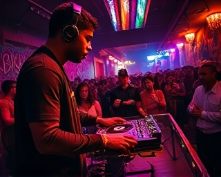 electrifying nightlife DJ, DJ with headphones, spinning vinyl, photorealistic, underground club with graffiti walls, highly detailed, crowd pulsating with energy, high-definition, saturated colors, flashing lights, shot with a prime lens.
