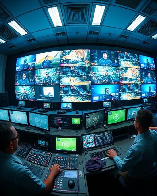 interconnected video wall, collaborative production, streaming live content, photorealistic, set within a bustling control room, highly detailed, technicians adjusting panels, high fidelity display, cool tones, overhead fluorescent lighting, shot with a fisheye lens