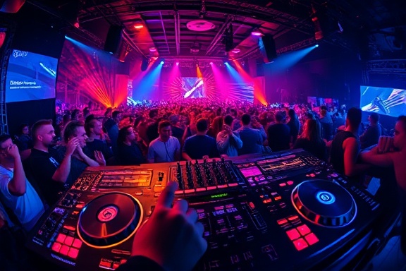 modern DJ setup, innovative, spinning records, photorealistic, in a trendy nightclub with a pulsating crowd, highly detailed, flashing lights and immersive sound experience, seamless detail, contrasting colors, dynamic stage lighting, shot with a fisheye lens.