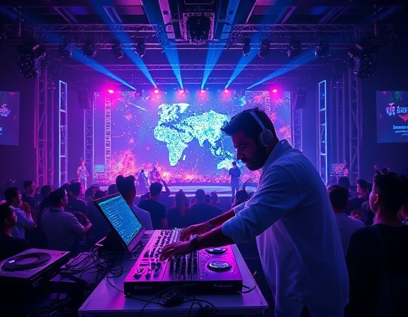 magnetic Indian DJ event, captivating, taking control of the decks, photorealistic, amidst a futuristic stage setup with holographic visuals and eager spectators, highly detailed, sound waves visible around, digital rendering, sharp blues and purples, dramatic lighting, shot with a superzoom lens.