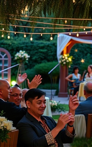 customized private concert, guests delighted, clapping and cheering, photorealistic, intimate garden setting with elegant seating, highly detailed, fairy lights and floral arrangements, high definition, pastel tones, soft evening glow, shot with a macro lens.
