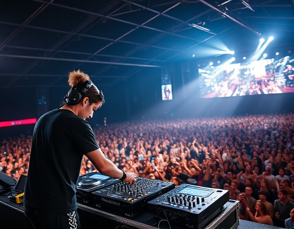 energetic event DJ, confident, mixing tracks, photorealistic, large outdoor festival stage with a sea of people, highly detailed, engaging crowd movements captured, ultra-high definition, black and white outfit, dramatic stage lighting, shot with a 35mm lens.