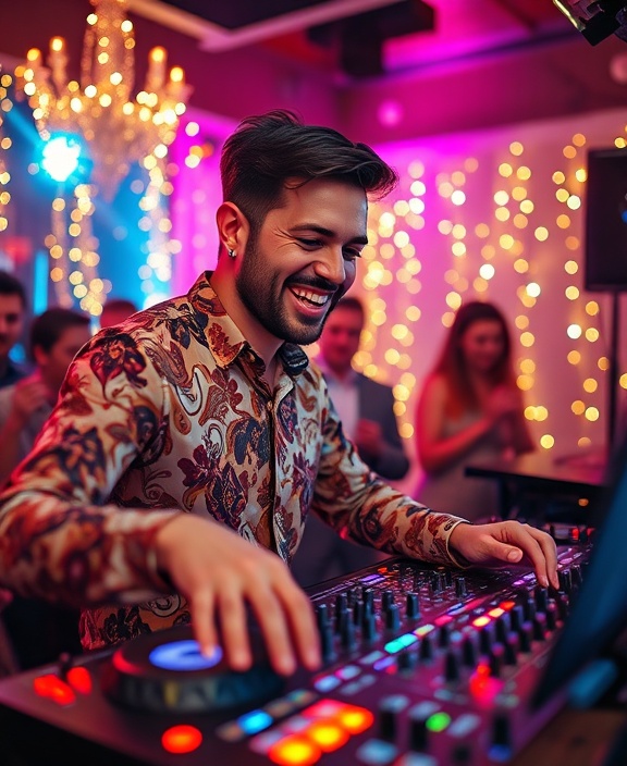 jubilant DJ Jogy, smiling, tweaking knobs, photorealistic, private elite party, highly detailed, elegant decor, pristine quality, pastel, fairy lights aura, shot with a 85mm lens
