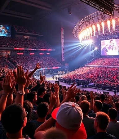 unforgettable music experience, fans exhilarated, singing along, photorealistic, bustling stadium filled with cheering fans, highly detailed, fireworks and spotlight effects, 4K resolution, vivid colors, spotlight illumination, shot with a telephoto lens.