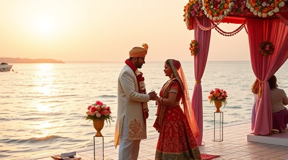 charming Indian wedding ceremony, serene, exchanging vows, photorealistic, on a beautifully adorned platform by the waterfront, highly detailed, gentle waves in the background, rich traditional colors, serene sunset lighting, shot with a telephoto lens.