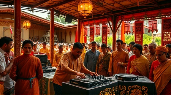 iconic cultural DJ, passionate, mixing on a traditional set, photorealistic, heritage festival scene adorned with cultural motifs, highly detailed, people in traditional attire, fine detail, warm and earthy colors, natural daylight, shot with a 40mm lens