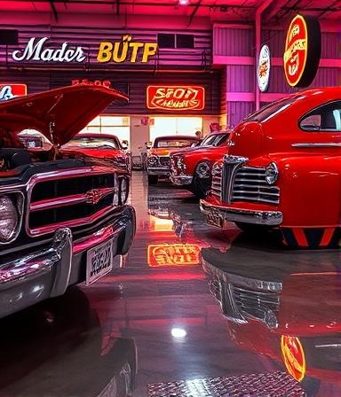 vintage car show, nostalgic, capturing moments, photorealistic, set in a retro garage with gleaming polished floors, highly detailed, reflections of neon signs in chrome surfaces, HDR effect for vivid contrast, reds and yellows, under soft ambient glows, shot with a standard lens.