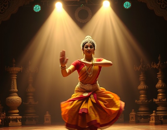 dramatic arangetram lighting, intense expression, illuminating, photorealistic, stage surrounded by cultural artifacts, highly detailed, motion blur of dancer's hands, ISO 800, deep shadows and highlights, focused beam lighting, shot with a wide-angle lens.