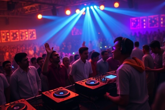 lively Indian DJ music, joyful, mixing, photorealistic, on a glowing stage with pulsating lights and immersed audience, highly detailed, speakers booming with sound waves, shallow depth of field, warm and cool colors, soft spotlight, shot with a 35mm lens.