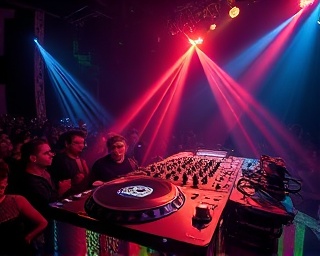 dynamic DJ Jogy, intense, scratching vinyl, photorealistic, packed dance floor, highly detailed, laser beams cutting through smoke, sharp focus, vivid, club lighting, shot with a 35mm lens