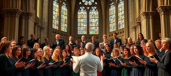 harmonious choir concert, singers with passion, singing in unison, photorealistic, cathedral with intricate stained glass, highly detailed, conductor leading the choir, 12k resolution, pastel tones, natural daylight, shot with a telephoto lens.